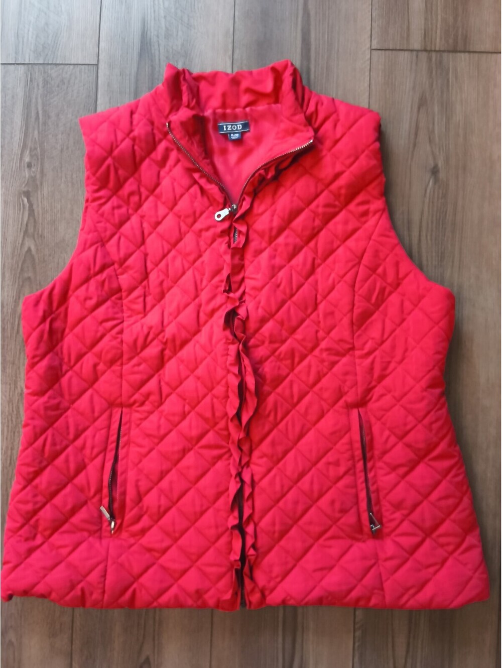 IZOD Women's XL Sleeveless Cottage Ruffle Zip Front Quilted Puff Vest Jacket Red